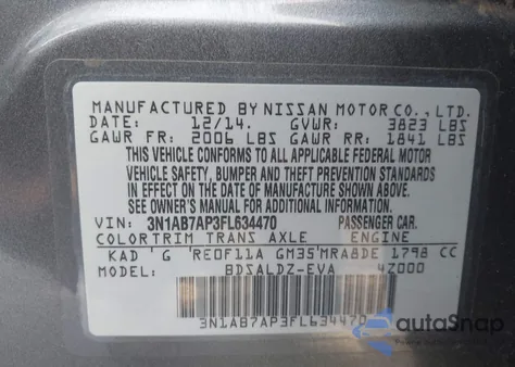 2015 Nissan Sentra Sv from USA, damaged, VIN 3N1AB7AP3FL634470